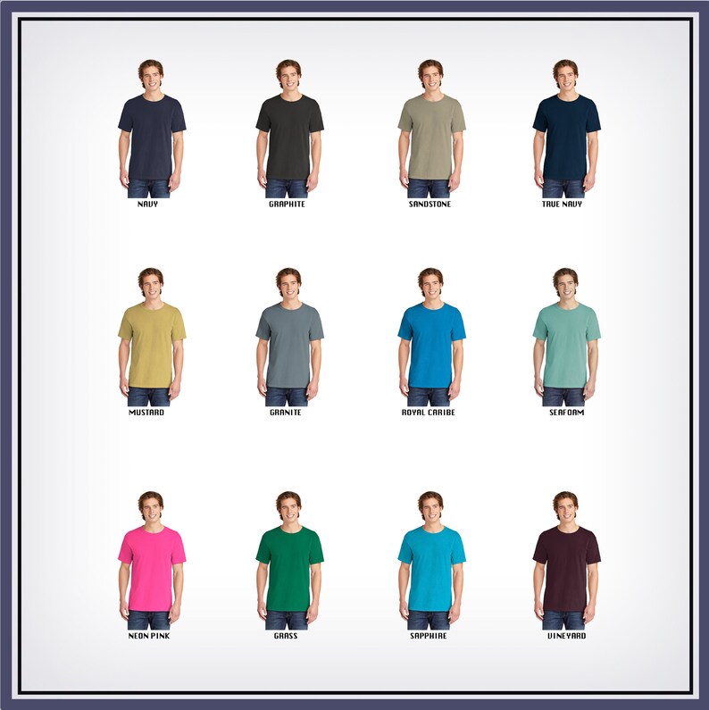 May include: Twelve different color t-shirts, each worn by a model. The colors are navy, graphite, sandstone, true navy, mustard, granite, royal caribe, seafoam, neon pink, grass, sapphire, and vineyard.