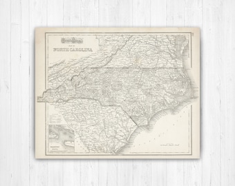 May include: A vintage map of North Carolina, printed in black and white, showing a detailed depiction of roads, rivers, and towns. The map is titled "Map of North Carolina" and includes a small inset map of Wilmington, North Carolina.