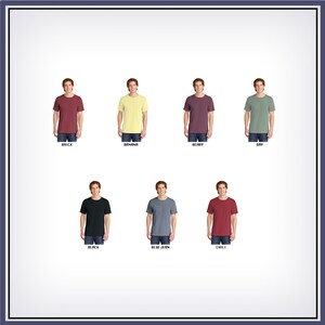 May include: A set of ten t-shirts in various colors, including brick, banana, berry, bay, black, blue jean, chili, charcoal, forest, and heather grey. Each t-shirt is shown on a model wearing blue jeans.