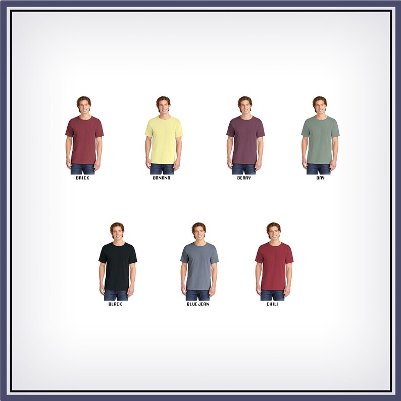 May include: A set of ten t-shirts in various colors, including brick, banana, berry, bay, black, blue jean, chili, charcoal, forest, and heather grey. Each t-shirt is shown on a model wearing blue jeans.