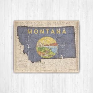 Montana Vintage State Flag Map Print | Montana Hanging Canvas Map Art | Printed Marketplace