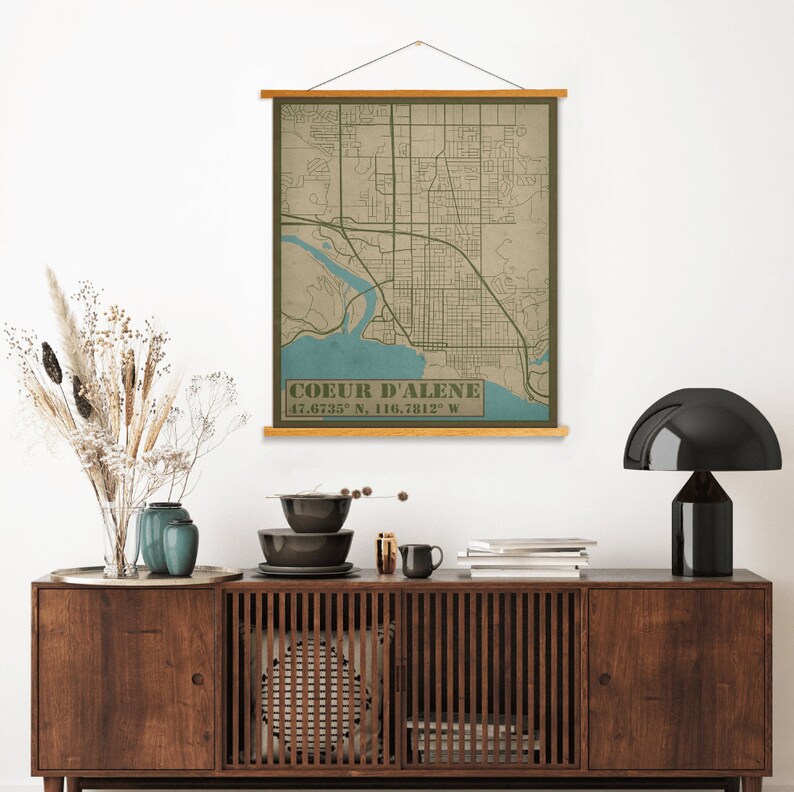 Coeur d'Alene Idaho Street Map Hanging Canvas of Coeur d'Alene Idaho Printed Marketplace image 1