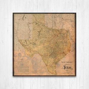 Stampa della mappa dello stato a colori antichi del Texas / Arte della mappa su tela del Texas / Mercato stampato