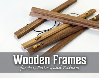 May include: Wooden frames for art, posters, and pictures. The image shows several wooden frames in various shades of brown. Each frame is made of rectangular wooden strips, connected by a black string and small brass-colored hardware.