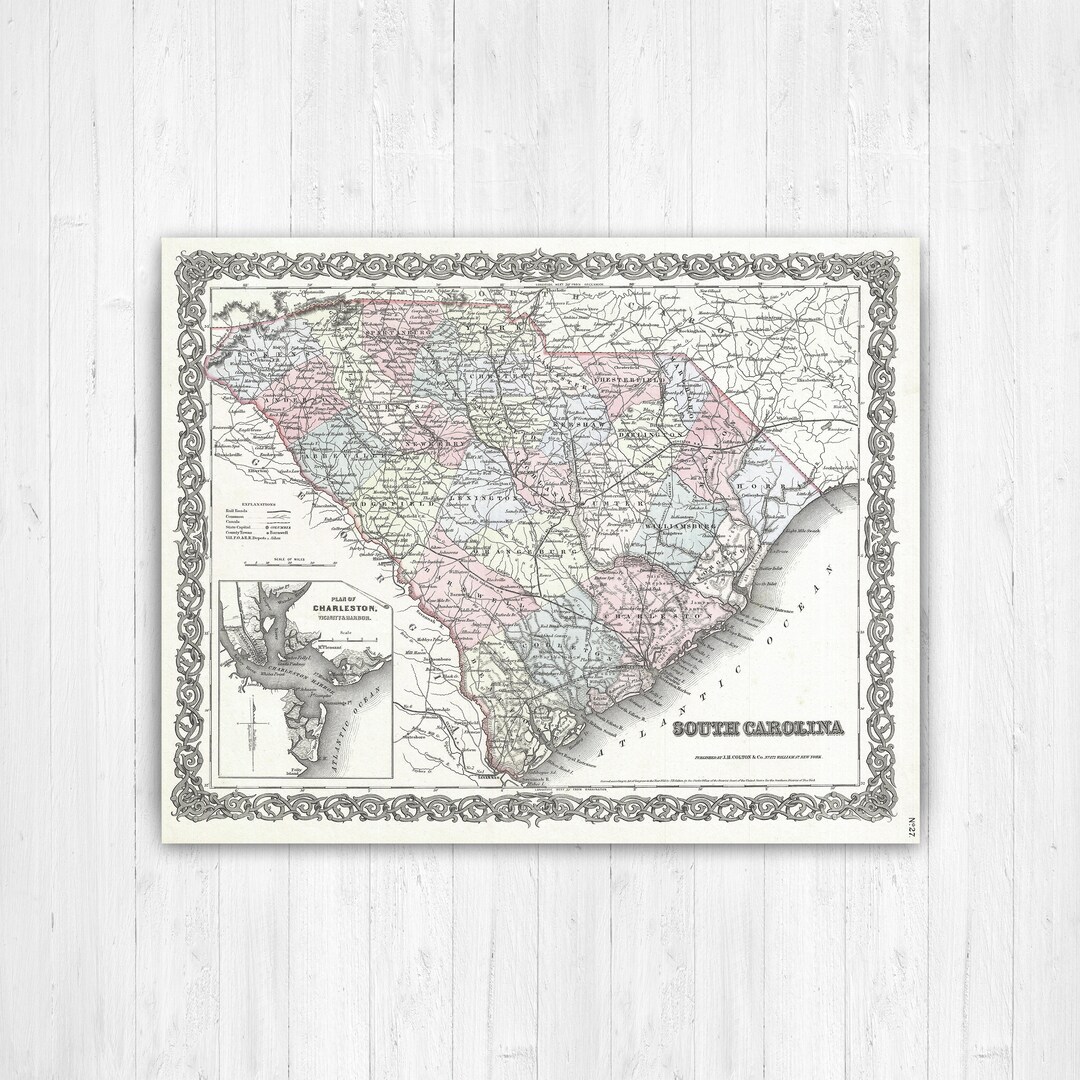 South Carolina Antique Color State Map Print | South Carolina Canvas ...