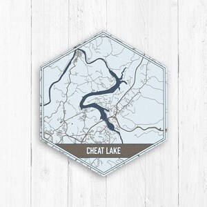 May include: A hexagonal map of Cheat Lake, West Virginia, with a blue outline and a brown label with the text "CHEAT LAKE".