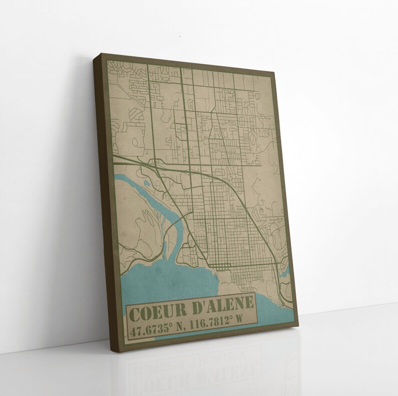 Coeur d'Alene Idaho Street Map Hanging Canvas of Coeur d'Alene Idaho Printed Marketplace image 3