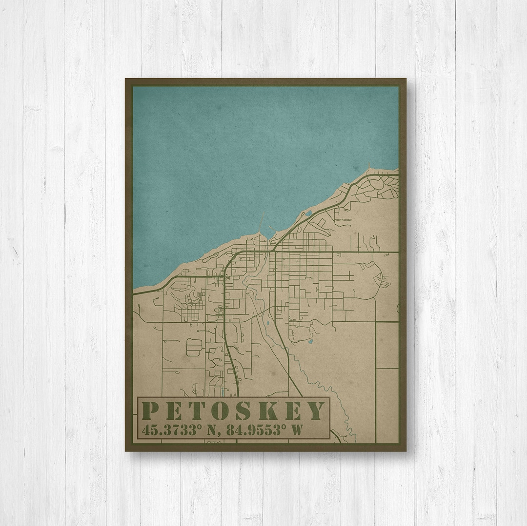Petoskey Michigan Street Map | Hanging Canvas Map of Petoskey | Printed