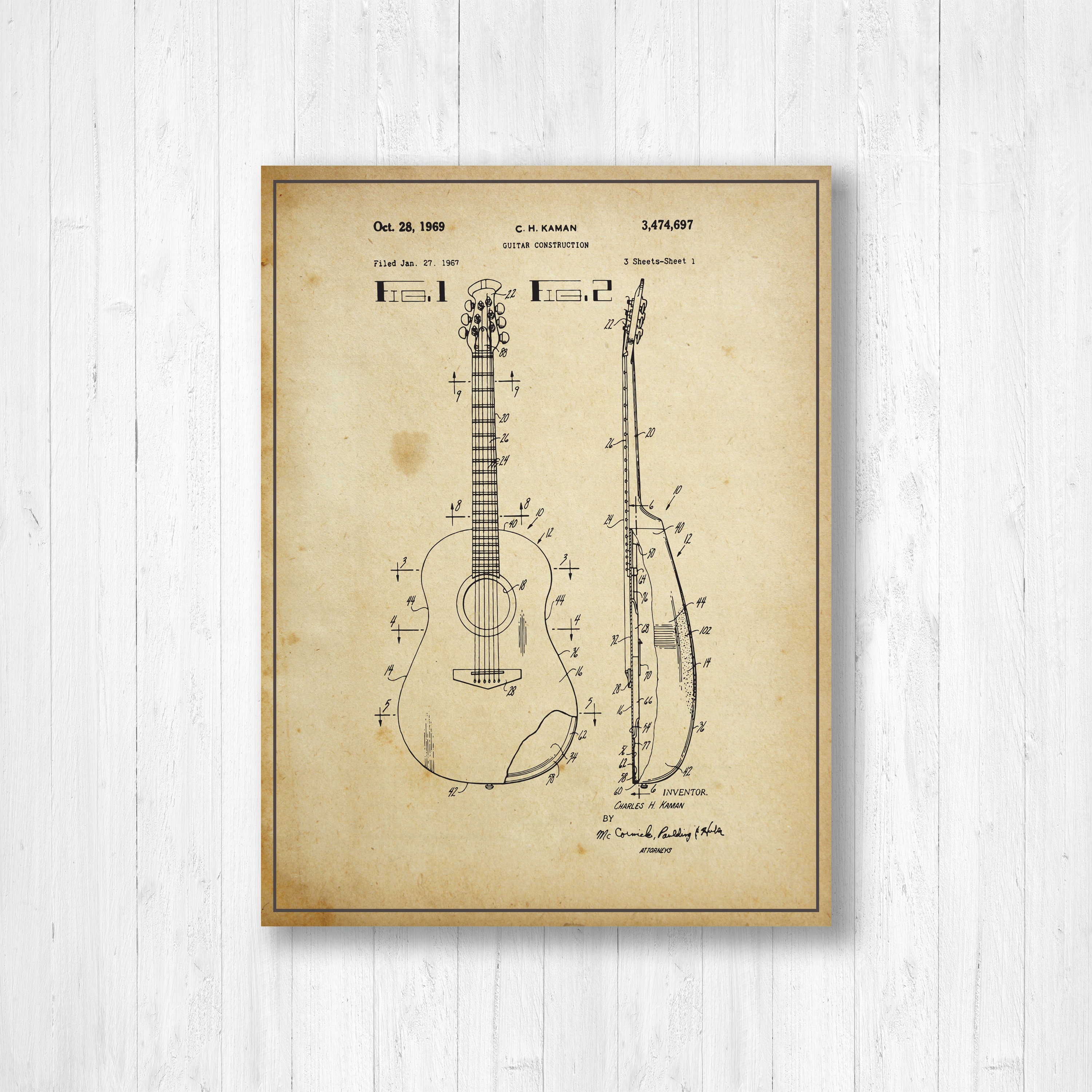 Guitar Patent Old Invention Vintage Guitar Patent Old Invention Vintage Art Canvas Decor Wall