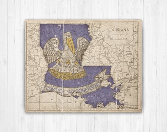 Louisiana Vintage State Flag Map Print | Louisiana Hanging Canvas Map Art | Printed Marketplace