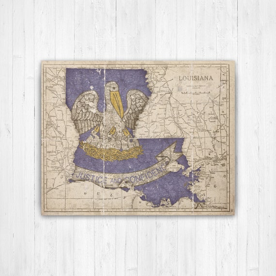 Louisiana Vintage State Flag Map Print Louisiana Hanging 