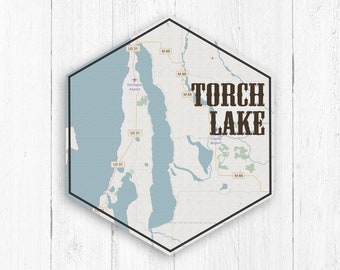 Torch Lake Michigan Hexagon Canvas, Torch Lake Canvas, Lakes of America, Nautical Map, Travel Collection, Visit Torch Lake, Visit Michigan