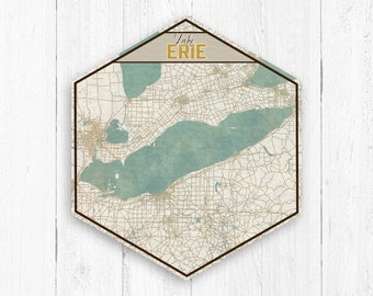 Lake Erie Hexagon Canvas, Lake Erie Map, Great Lakes Decor, Hexagon Map, Travel Collection, Lake Map, Lake Erie Decor, Nautical Map