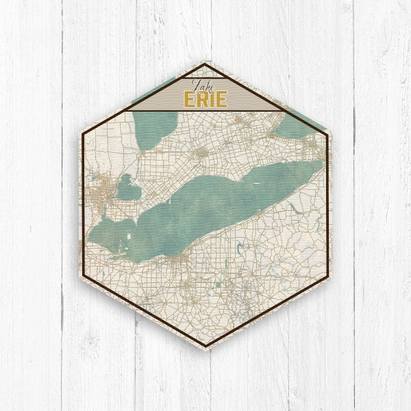 Lake Erie Hexagon Canvas, Lake Erie Map, Great Lakes Decor, Hexagon Map, Travel Collection, Lake Map, Lake Erie Decor, Nautical Map