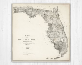 Florida Antique State Map Print | Florida Canvas Map Art | Printed Marketplace