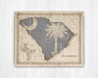 South Carolina Vintage State Flag Map Print | South Carolina Hanging Canvas Map Art | Printed Marketplace