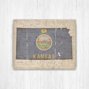 Kansas Vintage State Flag Map Print | Kansas Hanging Canvas Map Art | Printed Marketplace
