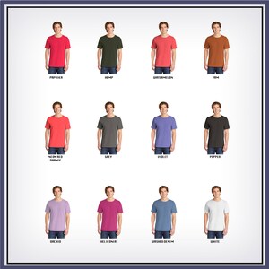 May include: A collage of 12 men's t-shirts in various colors, including paprika, hemp, watermelon, yam, neon red orange, grey, violet, pepper, orchid, heliconia, washed denim, and white.