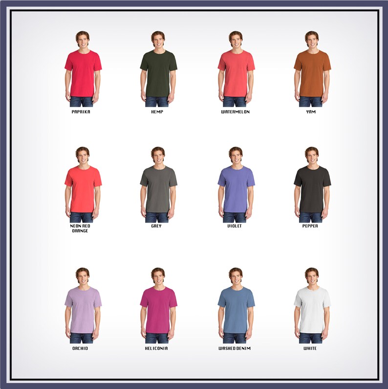 May include: A collage of 12 men's t-shirts in various colors, including paprika, hemp, watermelon, yam, neon red orange, grey, violet, pepper, orchid, heliconia, washed denim, and white.