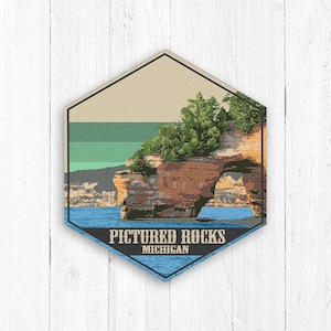 Pictured Rocks Michigan Hexagon Canvas, Travel Souvenir, Travel Collection, Pictured Rocks Michigan Souvenir, Pictured Rocks Illustration