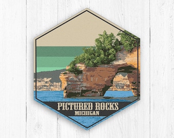 Tela esagonale Pictured Rocks Michigan, souvenir di viaggio, collezione di viaggi, souvenir Pictured Rocks Michigan, illustrazione di rocce raffigurate