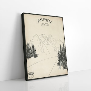 May include: A black and white illustration of a mountain range with trees and a pair of skis. The text "ASPEN Colorado" is at the top of the image.