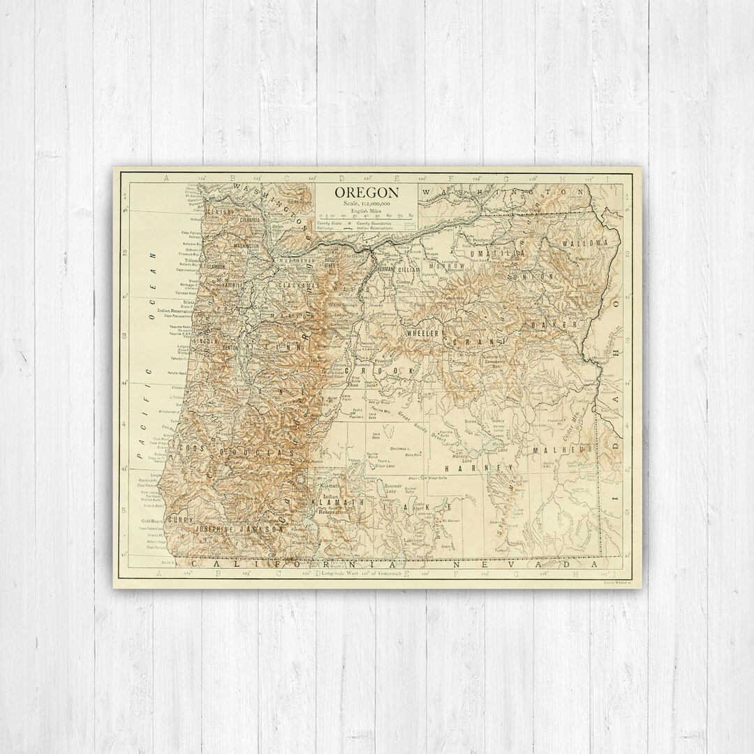 Oregon Antique Color State Map Print | Oregon Canvas Map Art | Printed ...