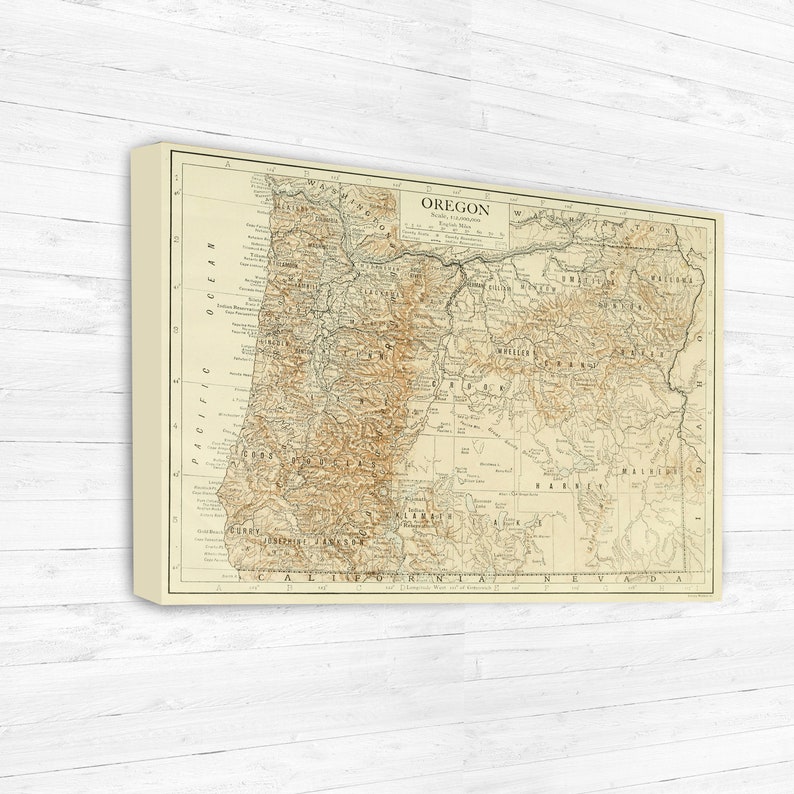 Oregon Antique Color State Map Print | Oregon Canvas Map Art | Printed ...