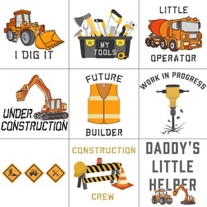 K&ouml;nnte beinhalten: Neun verschiedene Designs f&uuml;r T-Shirts zum Thema Bau. Die Designs zeigen Bilder von Baumaschinen, Werkzeugen und Sicherheitsausr&uuml;stung. Der Text auf den Shirts enth&auml;lt S&auml;tze wie "Ich mag es", "Meine Werkzeuge", "Zuk&uuml;nftiger Bauarbeiter", "Arbeit in Bearbeitung", "Bauteam" und "Papas kleiner Helfer".