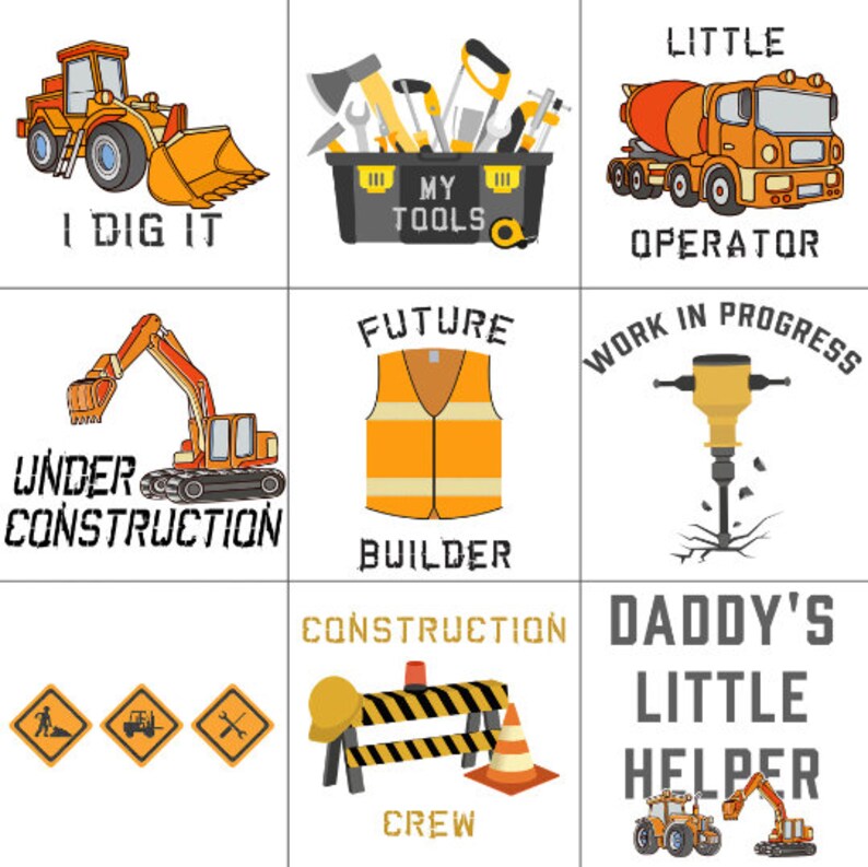 K&ouml;nnte beinhalten: Neun verschiedene Designs f&uuml;r T-Shirts zum Thema Bau. Die Designs zeigen Bilder von Baumaschinen, Werkzeugen und Sicherheitsausr&uuml;stung. Der Text auf den Shirts enth&auml;lt S&auml;tze wie "Ich mag es", "Meine Werkzeuge", "Zuk&uuml;nftiger Bauarbeiter", "Arbeit in Bearbeitung", "Bauteam" und "Papas kleiner Helfer".