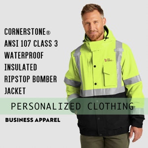 CornerStone® ANSI 107 Class 3 Waterproof Insulated Ripstop Bomber Jacket | Custom Hooded Reflective Coat | Work Apparel
