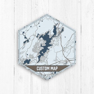 Carte personnalisée, carte hexagonale, oeuvre d'art sur le lac, toile hexagonale, collection de voyages, envie de voyager, carte du lac, carte de la ville natale, décoration nautique, art mural