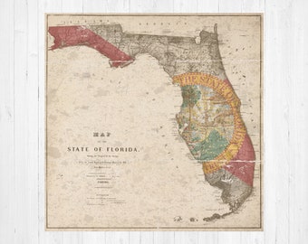 Florida Vintage State Flag Map Print | Florida Hanging Canvas Map Art | Printed Marketplace
