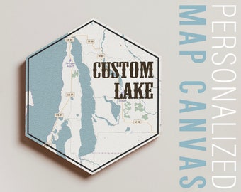 Custom Map, Hexagon Map, Lake House Art, Hexagon Canvas, Travel Collection, Wanderlust, Lake Map, Map of Hometown, Nautical Decor, Wall Art