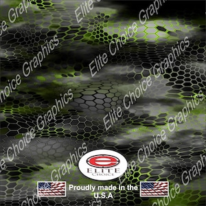 May include: A green and black camouflage pattern with a hexagonal design. The pattern is repeated throughout the image. The image also includes a logo for Elite Choice, which is a company that makes camouflage patterns. The logo is a white circle with a black letter E in the center. The text "Elite Choice" is written in black below the circle. The text "Proudly made in the U.S.A." is written in black below the logo. The image also includes two American flags.