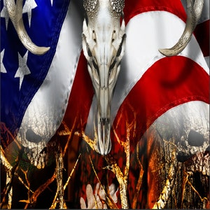 May include: A white deer skull with antlers against a red, white, and blue American flag background. The flag is draped over a brown and orange camouflage pattern.