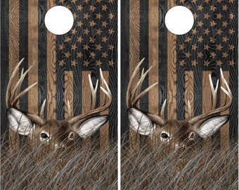 Deer Buck In Grass Black Flag Cornhole Wrap Bag Toss Decal  Skin Sticker Wraps Laminated or Non Laminated