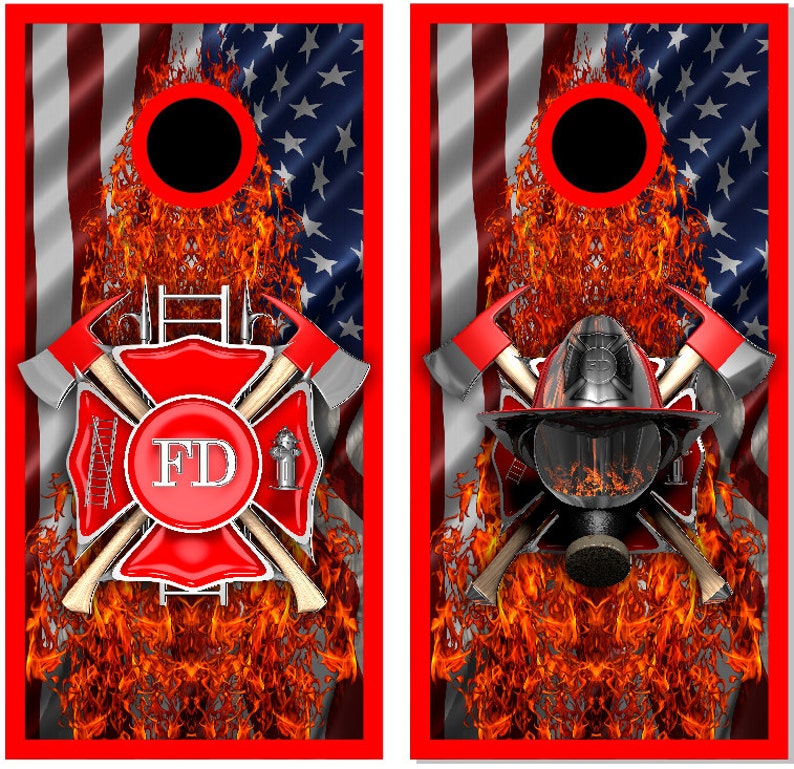 Firefighter American Flames LAMINATED Cornhole Wrap Bag Toss Decal Baggo Skin Sticker Wraps