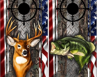 Bass And Buck Deer Camo Flag Cornhole Wrap Bag Toss Decal Baggo Skin Sticker Wraps Laminated or Non Laminated