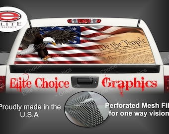 May include: A white pickup truck with a red, white, and blue American flag and the text "We the People" on the rear window. The truck has a red "Elite Choice Graphics" logo on the back. The image also shows a close-up of a perforated mesh film for one-way vision.