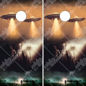 May include: A digital art print featuring a split image of a UFO with three beams of light shining down on a group of three grey aliens. The bottom half of the image shows a crowd of people walking in a foggy field.