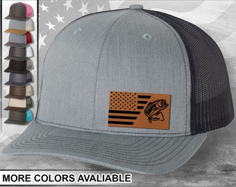 American Flag Bass Laser Engraved Leather Patch   Snapback Trucker Hat, Custom, Personalized Hat