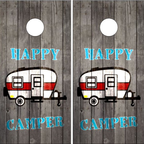 Happy Camper Cornhole Wrap Bag Toss Decal Baggo Skin Sticker Wraps Laminated or Non Laminated