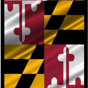 May include: A Maryland state flag with a white circle in the center. The flag is red, white, and black with a yellow and black checkered pattern.