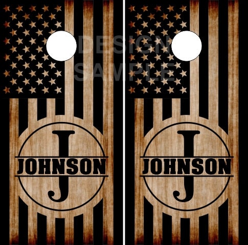 Burnt Wood Flag Name Cornhole Wrap Bag Toss Decal  Skin Sticker Wraps Laminated or Non Laminated