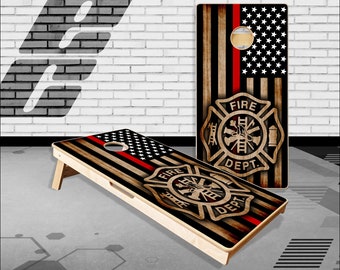 Thin Red Line Burnt Wood Cornhole Boards Bag Toss  Game With Bags