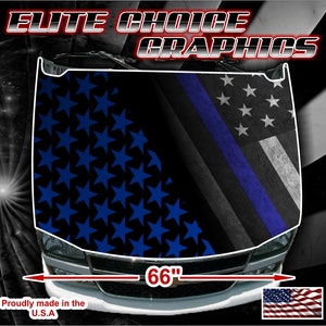 May include: A black and blue car hood decal with a thin blue line and a pattern of blue stars. The decal is 66 inches wide.  Proudly made in the U.S.A.