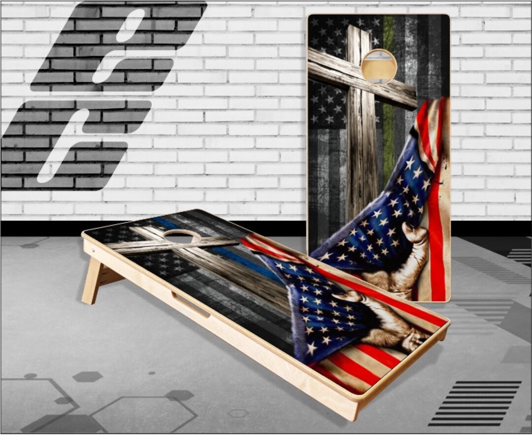 Wooden Cross Flag Pull GREEN BLUE LINE Boards Bag Toss Game With Bags ...