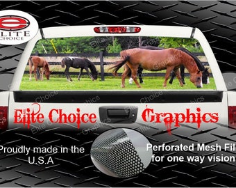 May include: A white pickup truck with a rear window decal featuring a scenic view of horses grazing in a field. The decal is made with perforated mesh film for one-way vision. The truck also has a red graphic that says "Elite Choice Graphics" on the tailgate.