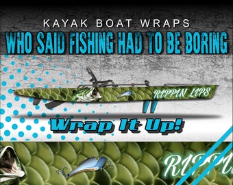 May include: A green and blue kayak wrap with a bass fish and a fishing lure design. The text "RIPPIN LIPS" is on the side of the kayak. The text "Wrap It Up!" is below the kayak.